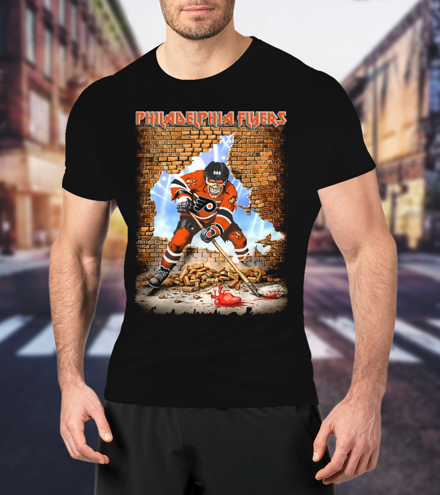 Philadelphia Flyers Skeleton Hockey Player Breaking Wall T-Shirt