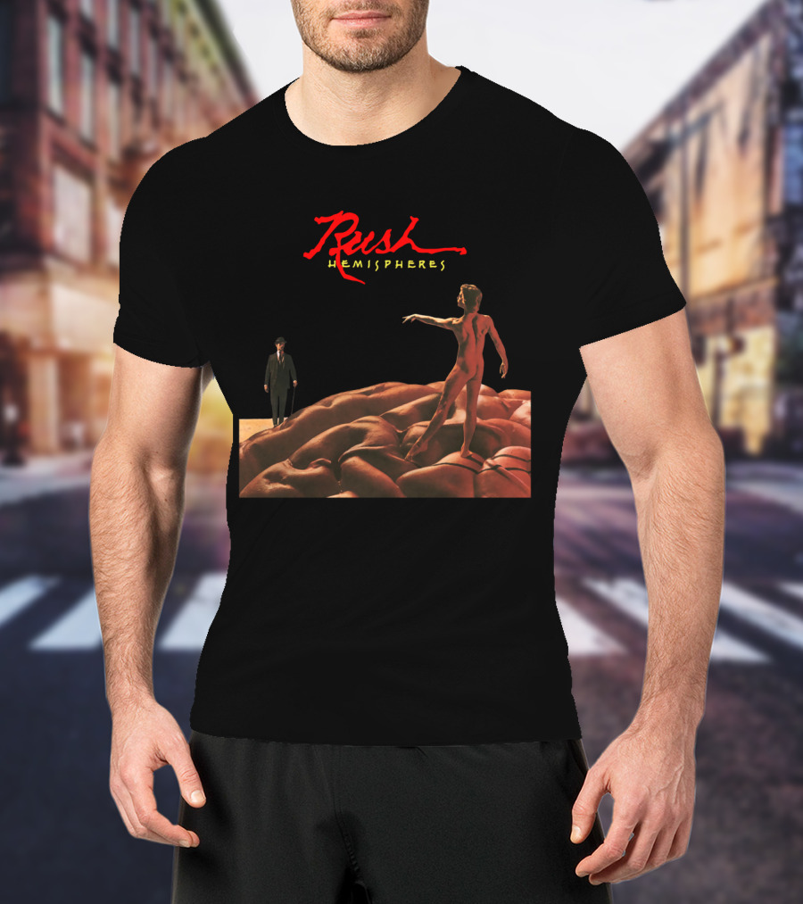 Rush Hemispheres Red Text Nude Figure On Brain With Man In Black Suit T-Shirt