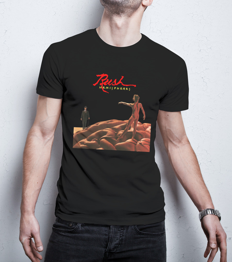 Rush Hemispheres Red Text Nude Figure On Brain With Man In Black Suit T-Shirt
