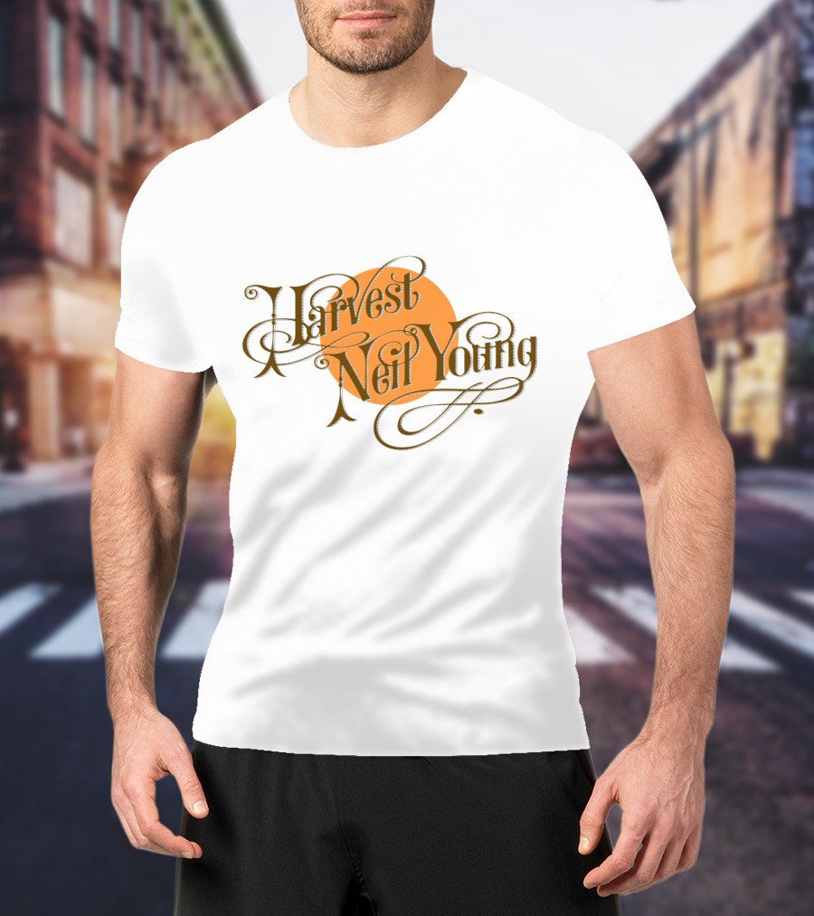 Neil Young Harvest Vintage Script Text With Orange Circle T-Shirt
