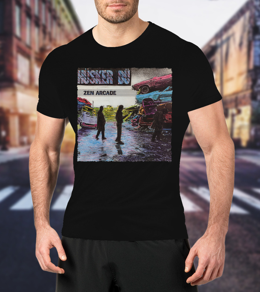 Husker Du Zen Arcade Album Cover With Silhouetted Figures And Junkyard Scene T-Shirt
