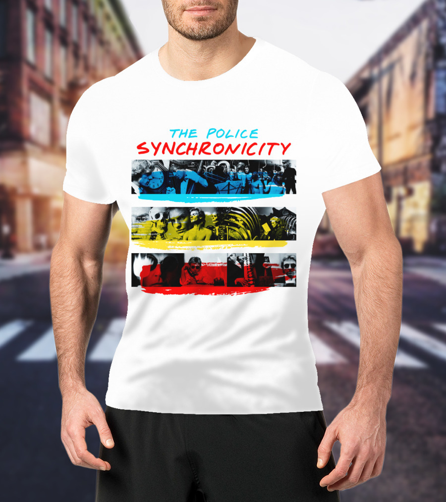The Police Synchronicity Album Cover Art Blue Yellow Red Stripes T-Shirt