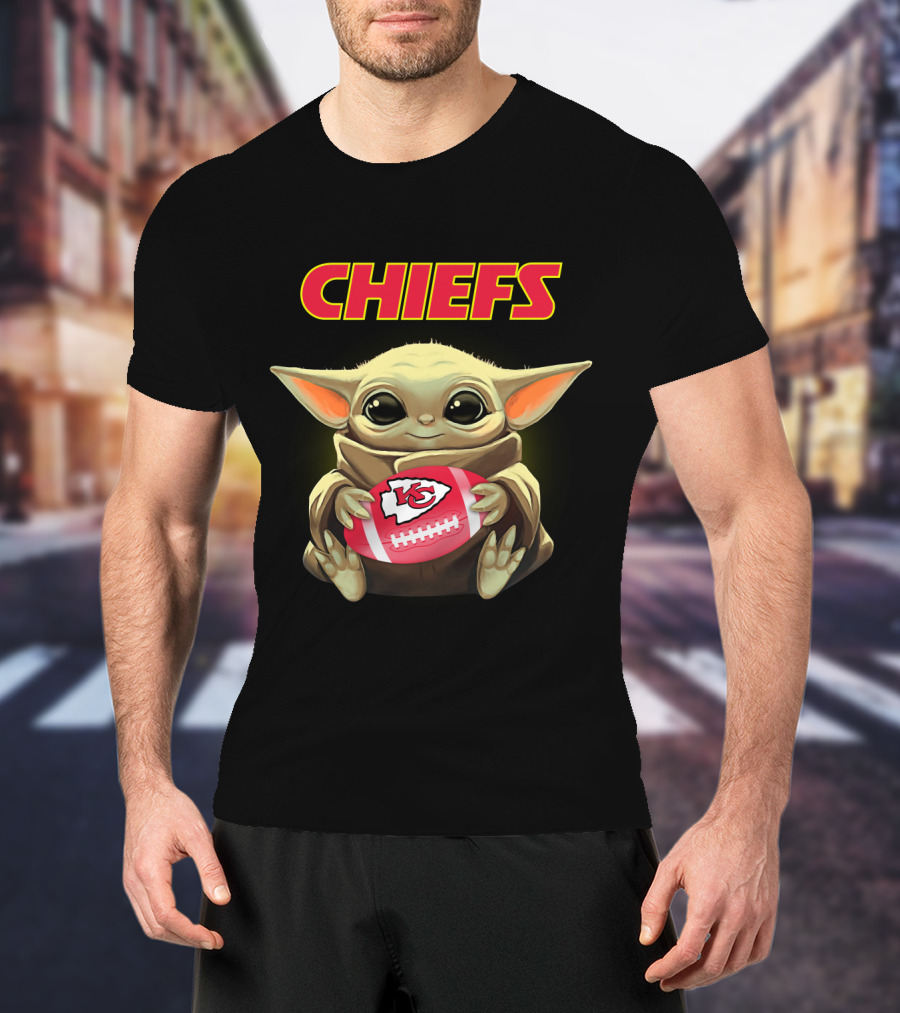 Chiefs Baby Yoda Holding Kansas City Football T-Shirt