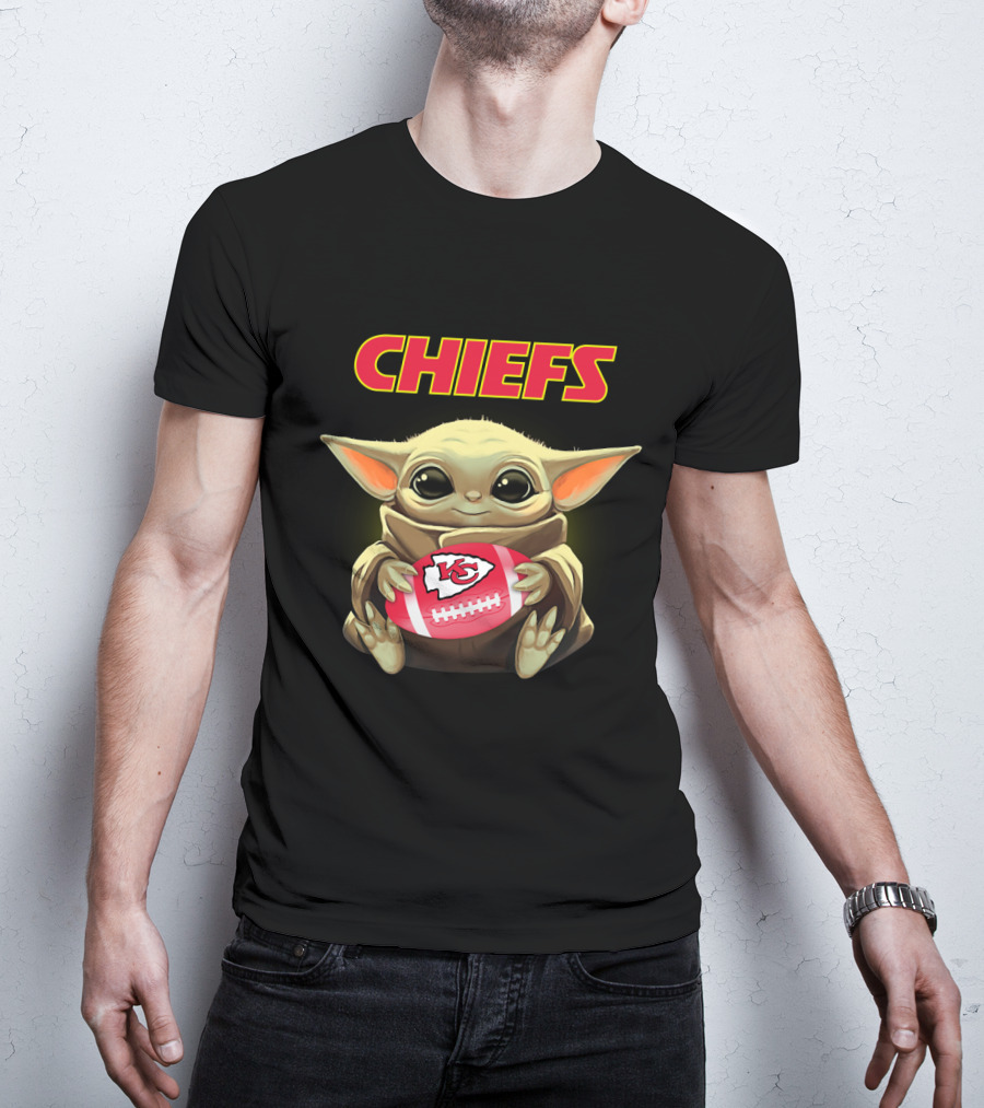 Chiefs Baby Yoda Holding Kansas City Football T-Shirt