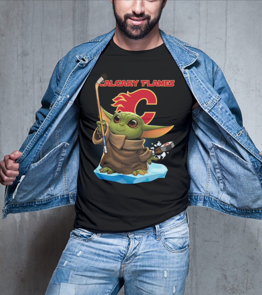Calgary Flames Baby Yoda Nhl Hockey Crossover T-Shirt