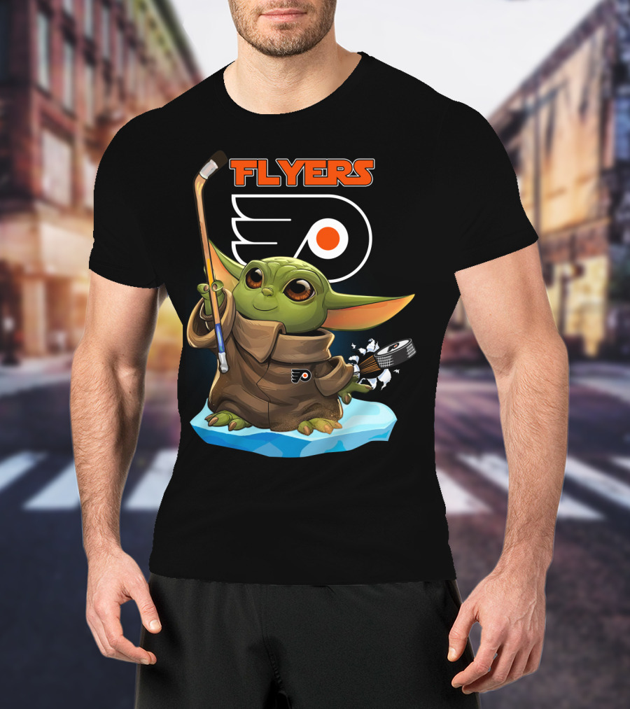 Philadelphia Flyers Baby Yoda With Hockey Stick And Puck T-Shirt