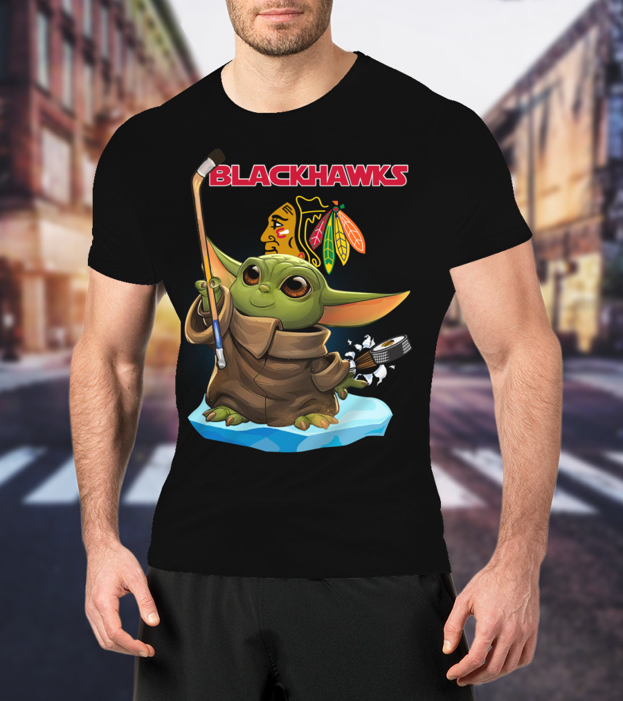 Blackhawks Baby Yoda Star Wars Hockey Crossover T-Shirt