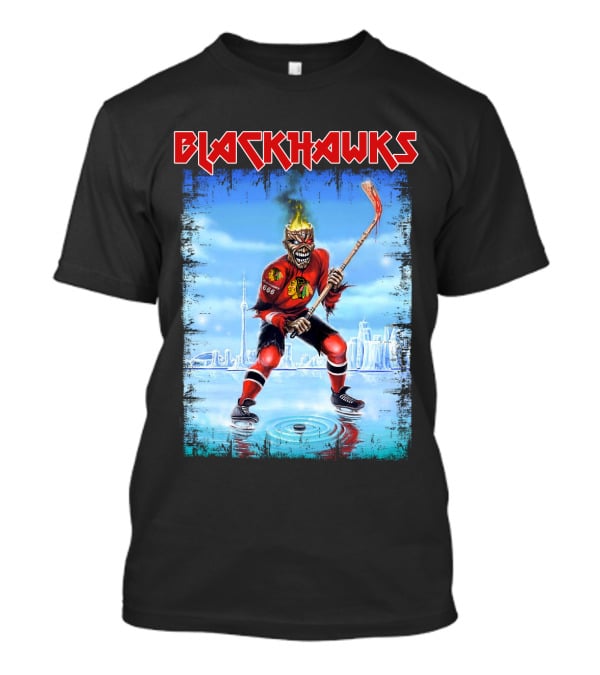 Blackhawks Chicago Ice Hockey Skeleton Figure Skating On Cityscape T-Shirt