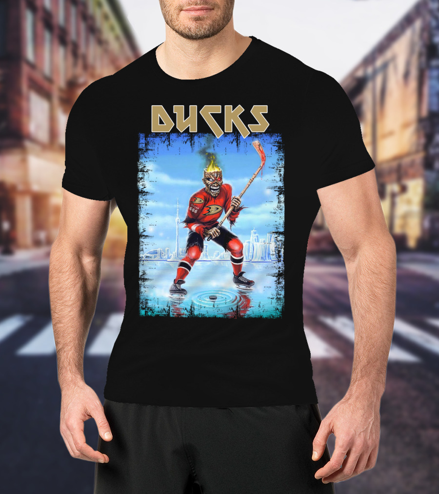 Anaheim Ducks Hockey Skeleton Warrior Skating On Ice T-Shirt