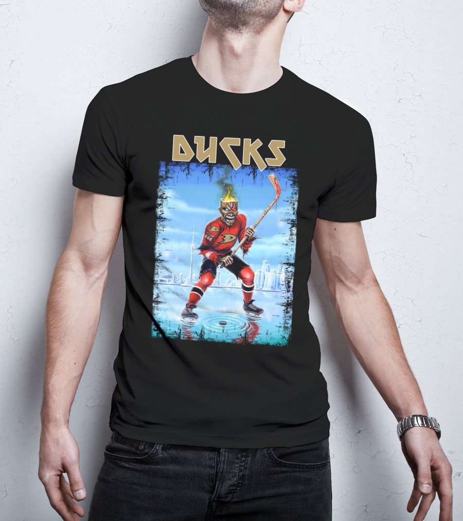 Anaheim Ducks Hockey Skeleton Warrior Skating On Ice T-Shirt