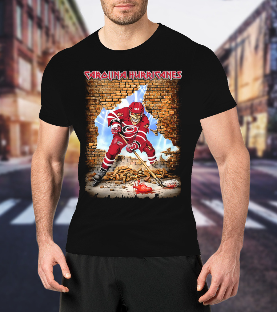 Carolina Hurricanes Skeleton Hockey Player Brick Wall T-Shirt