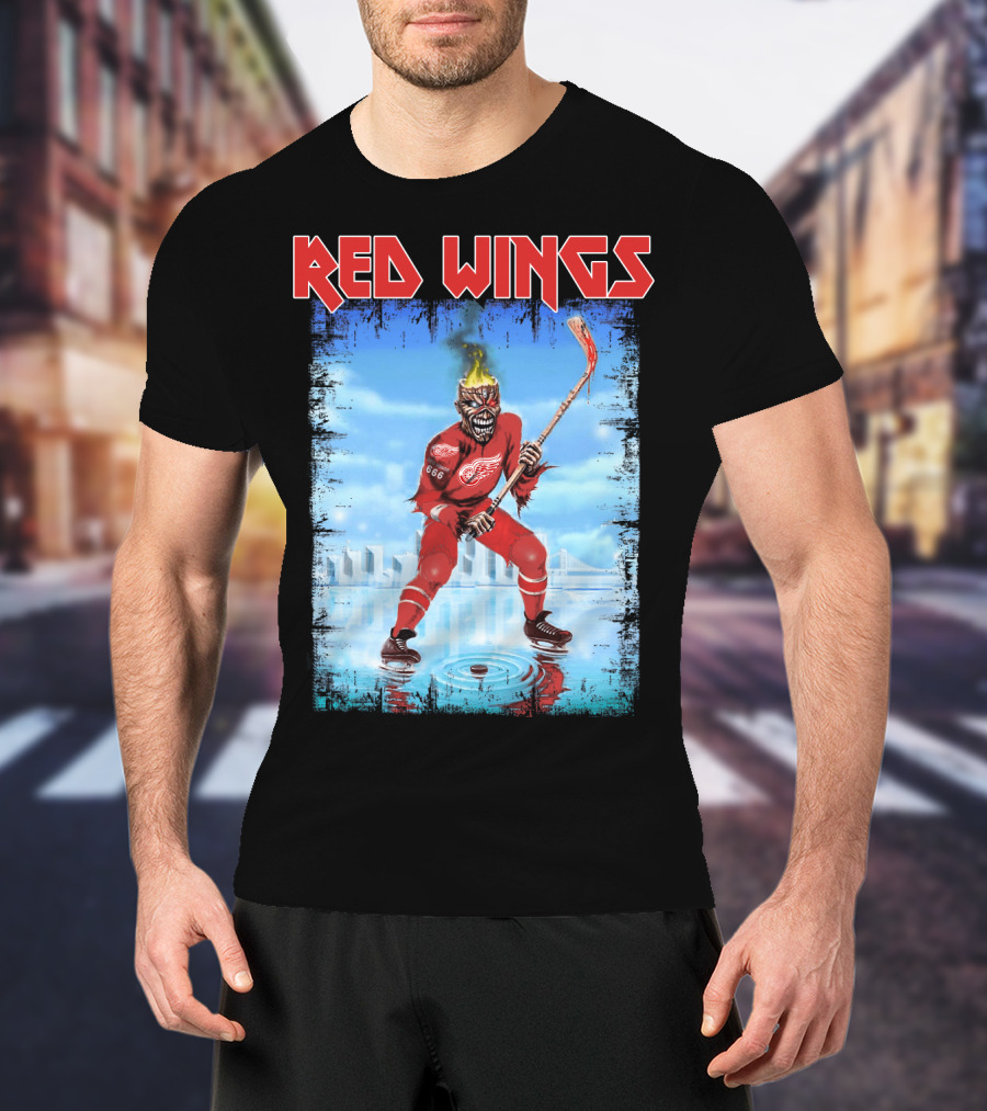 Red Wings Flaming Demon Hockey Player On Ice With Detroit Cityscape T-Shirt