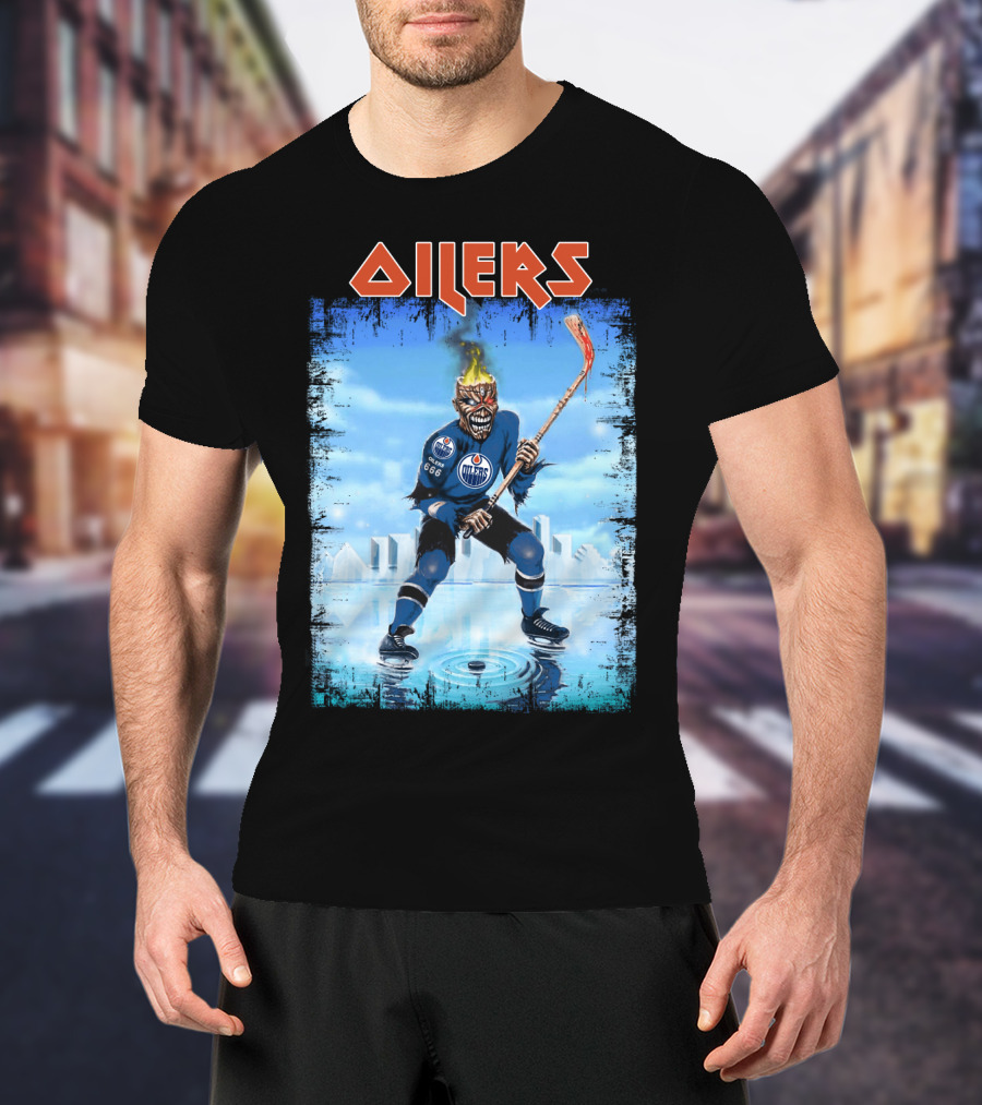Oilers Edmonton Hockey Player With Fiery Skull And Hockey Stick T-Shirt