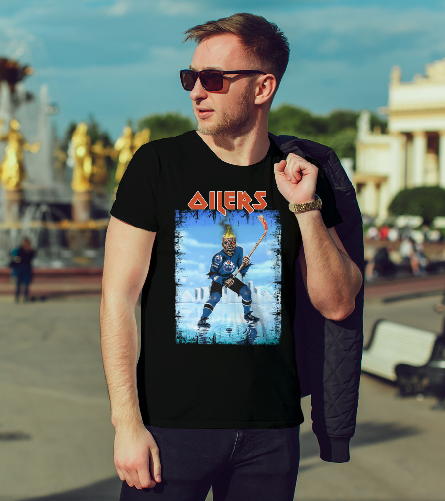 Oilers Edmonton Hockey Player With Fiery Skull And Hockey Stick T-Shirt