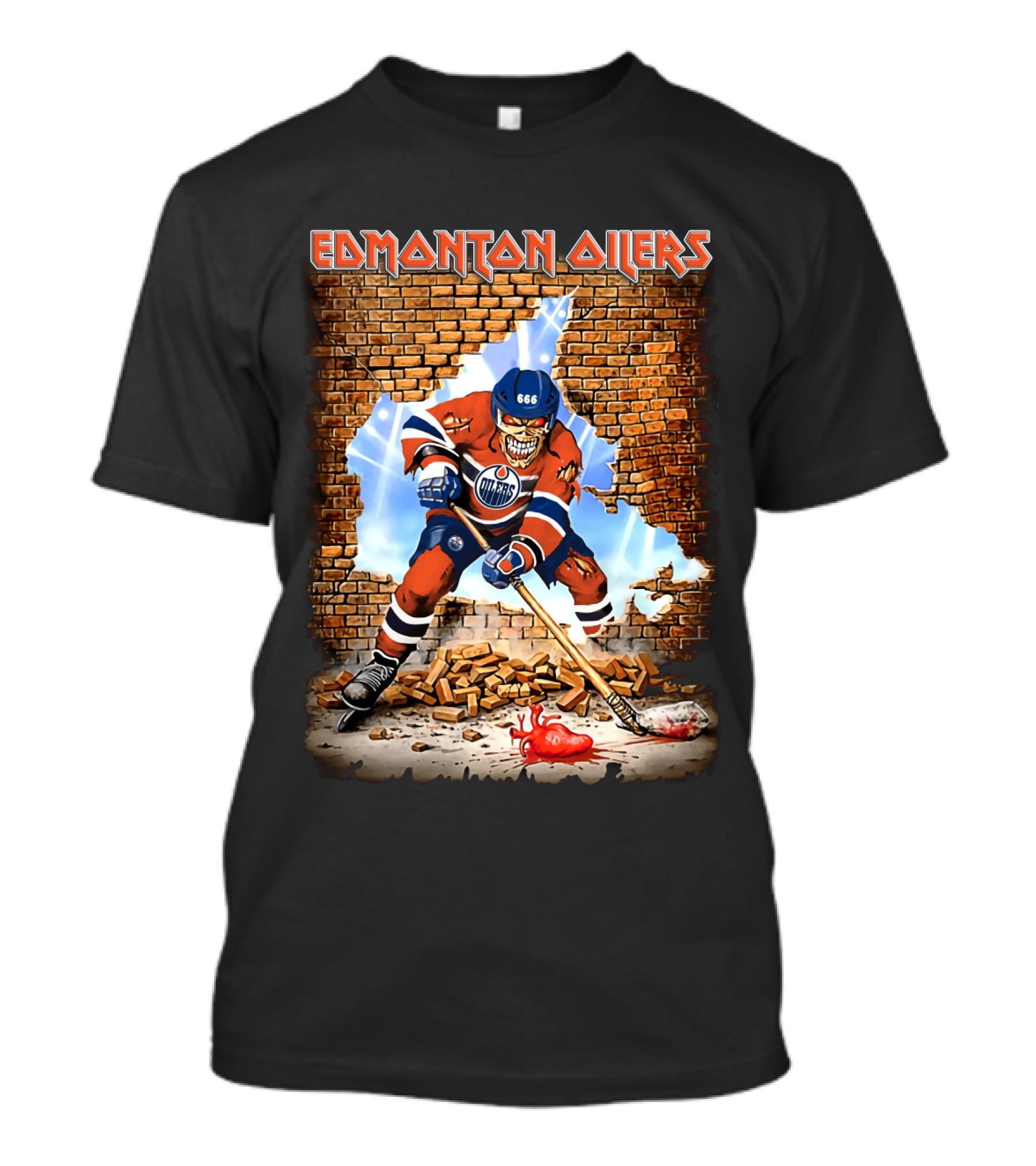Edmonton Oilers Hockey Skeleton Breaks Through Brick Wall T-Shirt