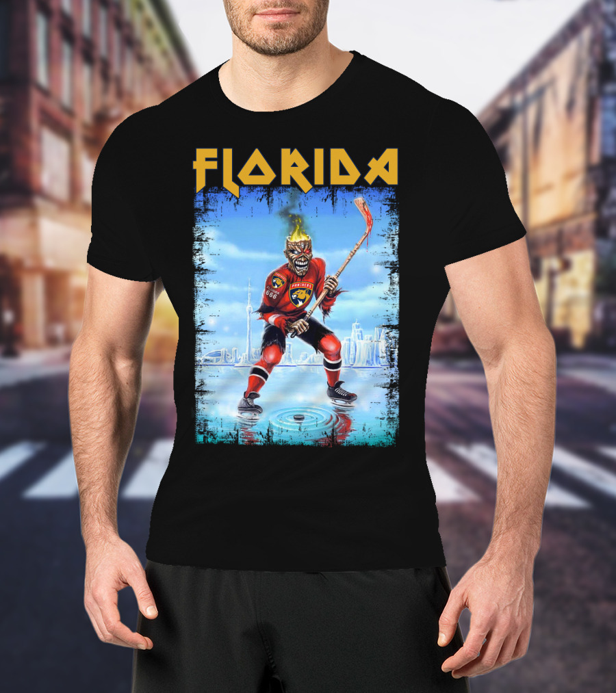 Florida Panthers Hockey Florida Ice Skeleton Hockey Player Flames T-Shirt
