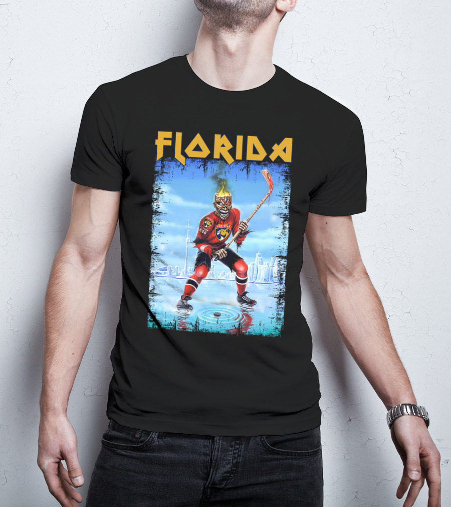 Florida Panthers Hockey Florida Ice Skeleton Hockey Player Flames T-Shirt