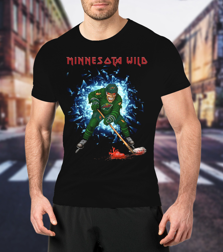 Minnesota Wild Hockey Skeleton Breaking Through Ice With Stick And Heart T-Shirt