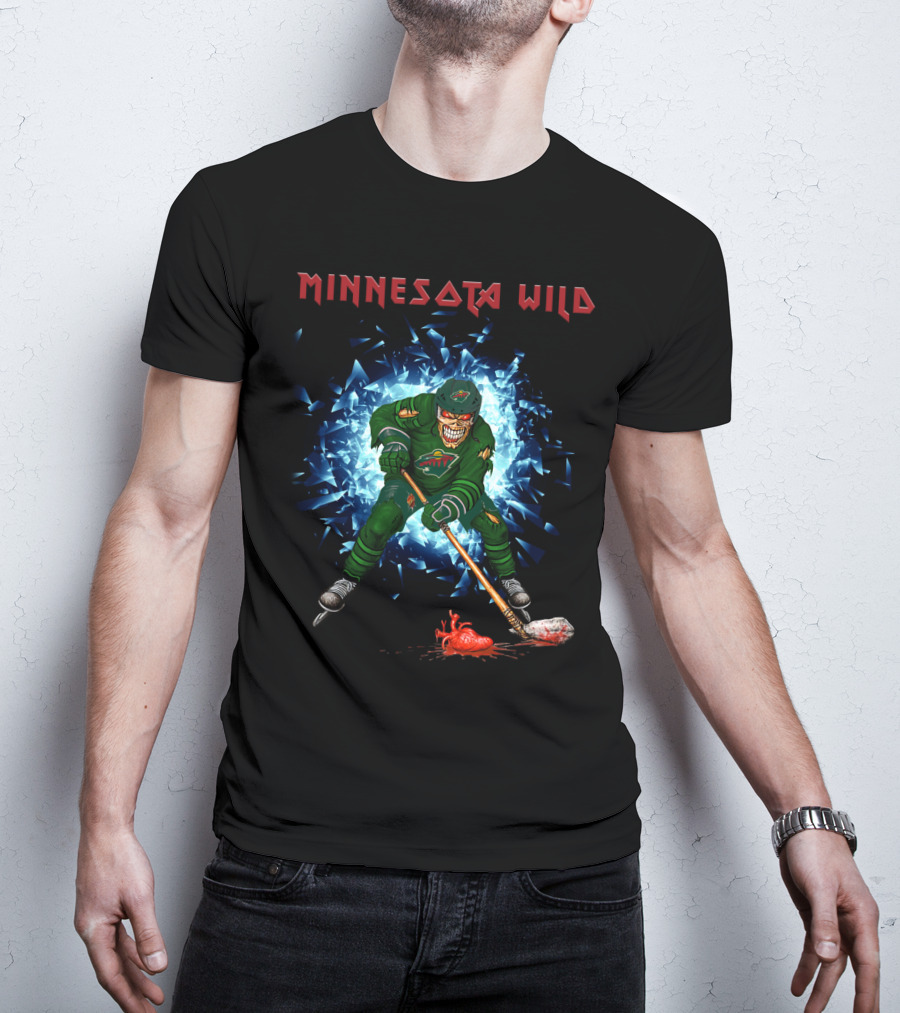 Minnesota Wild Hockey Skeleton Breaking Through Ice With Stick And Heart T-Shirt
