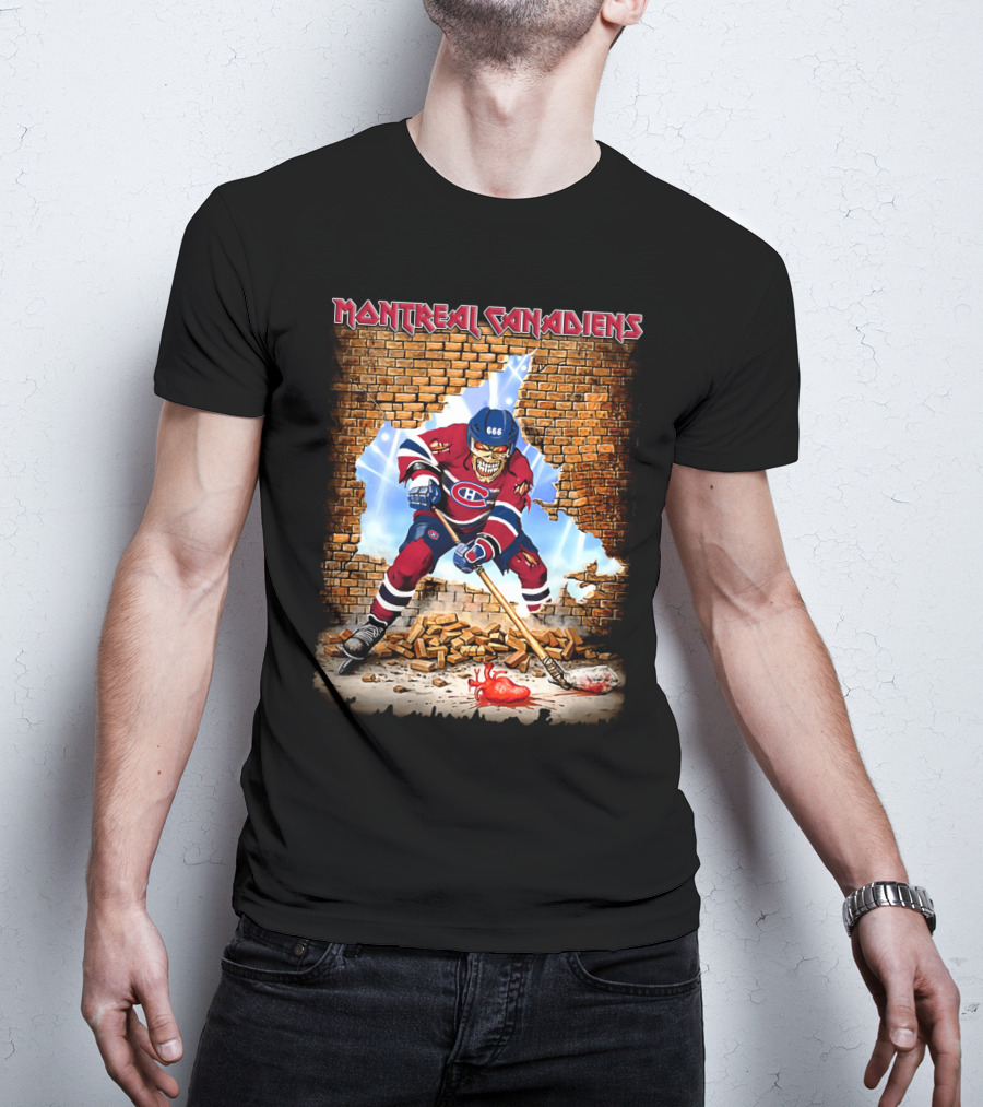 Montreal Canadiens Hockey Skeleton In Brick Wall Breakthrough With Stick And Puck T-Shirt