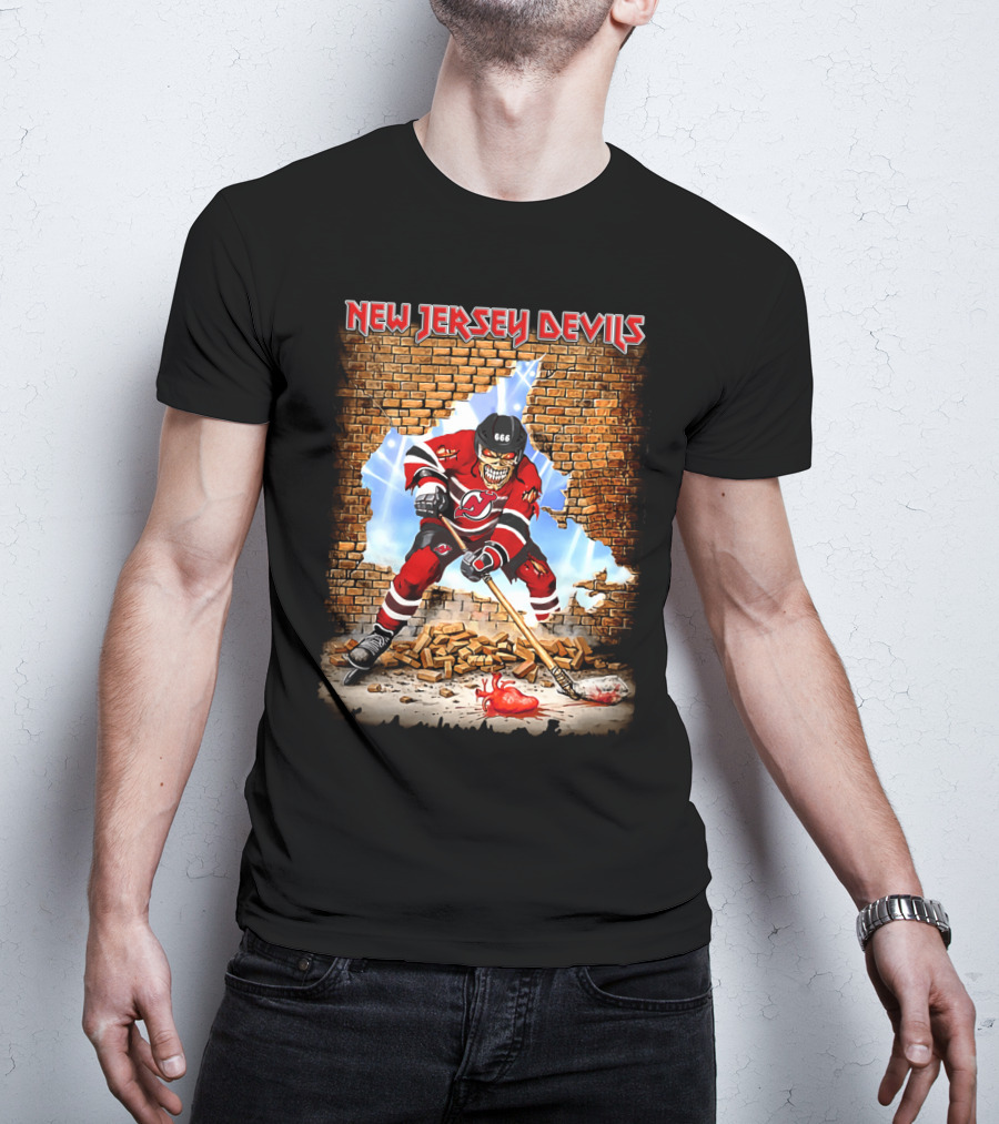 New Jersey Devils Skeleton Hockey Player Smash Brick Wall T-Shirt
