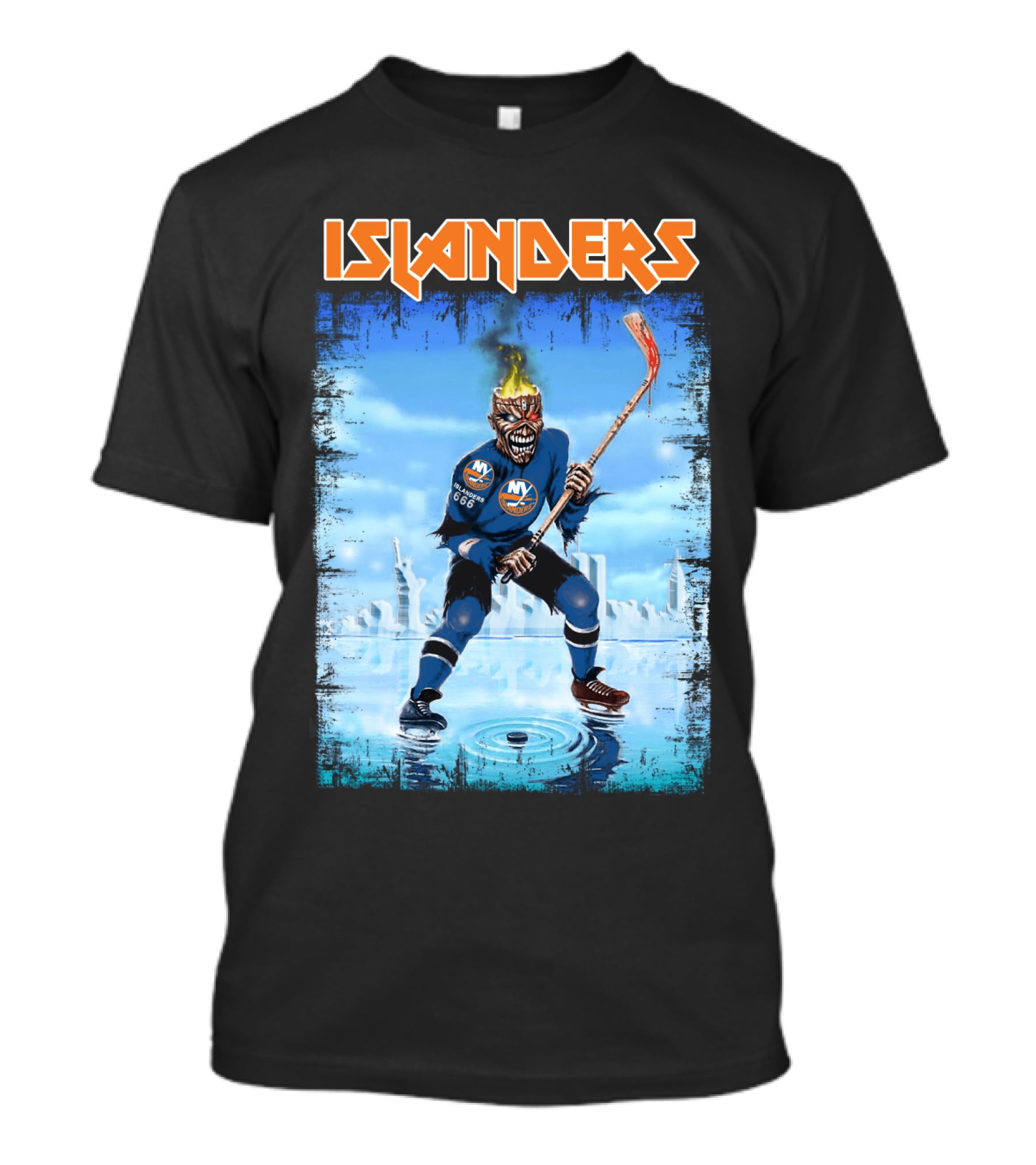 New York Islanders Hockey Skeleton Flames T-Shirt