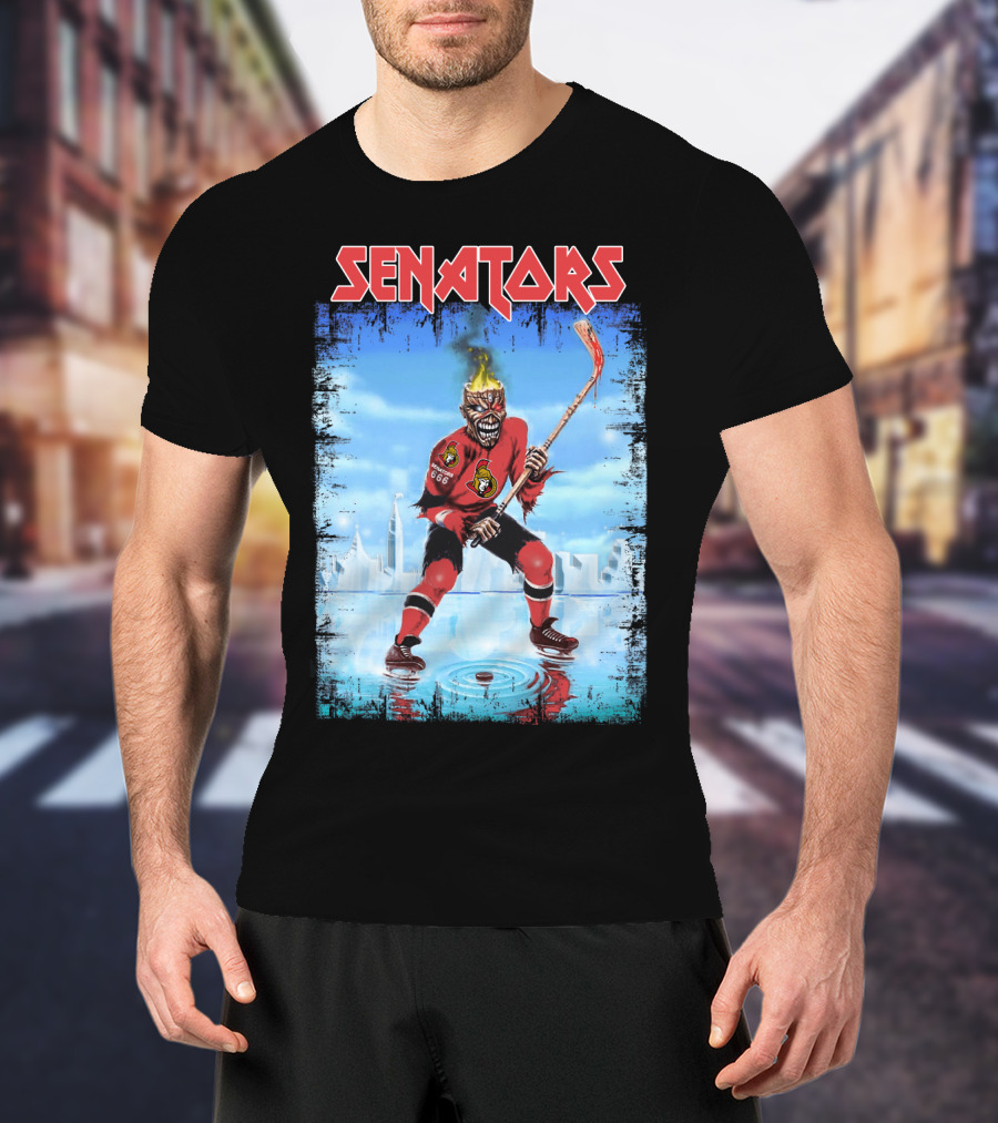 Senators Hockey Skeleton With Flaming Head And Hockey Stick T-Shirt