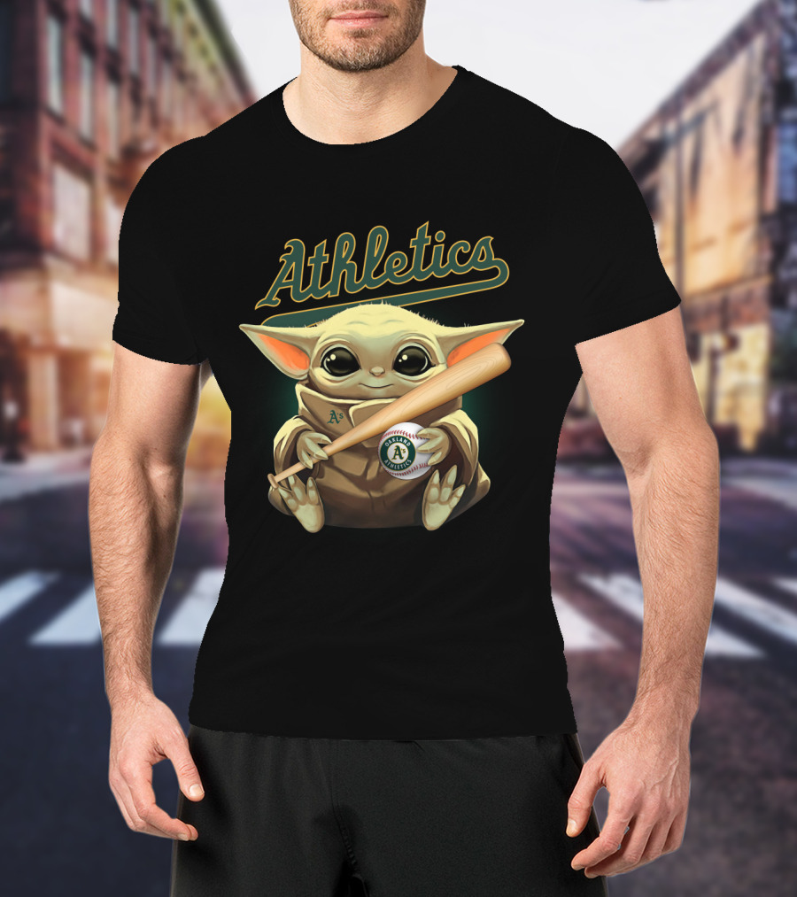 Athletics Baby Yoda Holding Baseball And Bat With Oakland A's T-Shirt