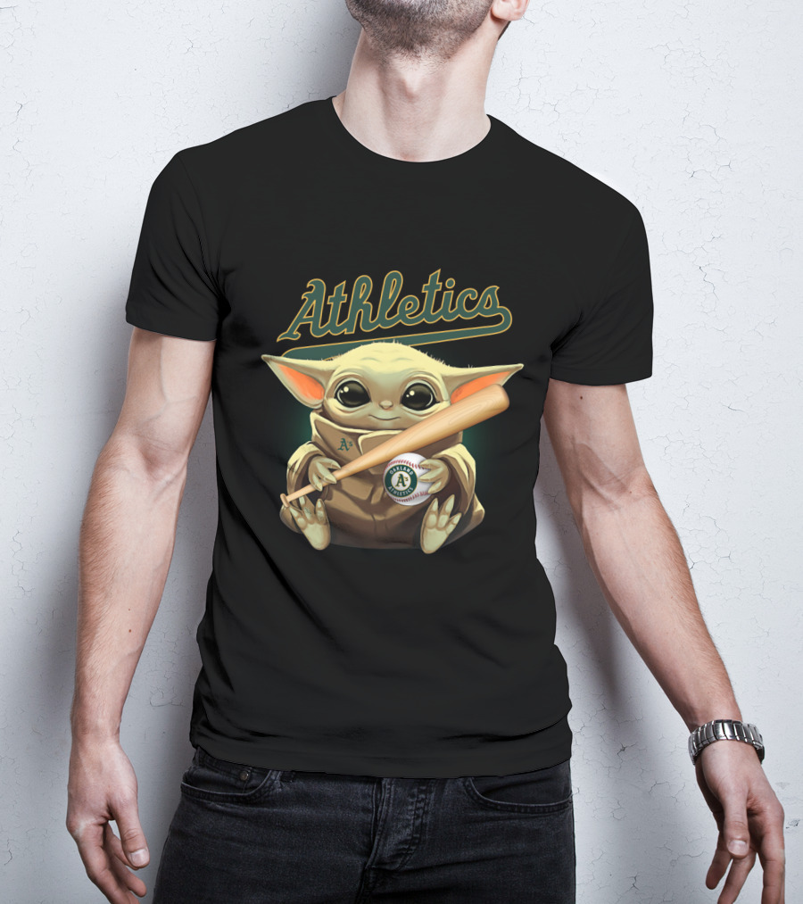 Athletics Baby Yoda Holding Baseball And Bat With Oakland A's T-Shirt
