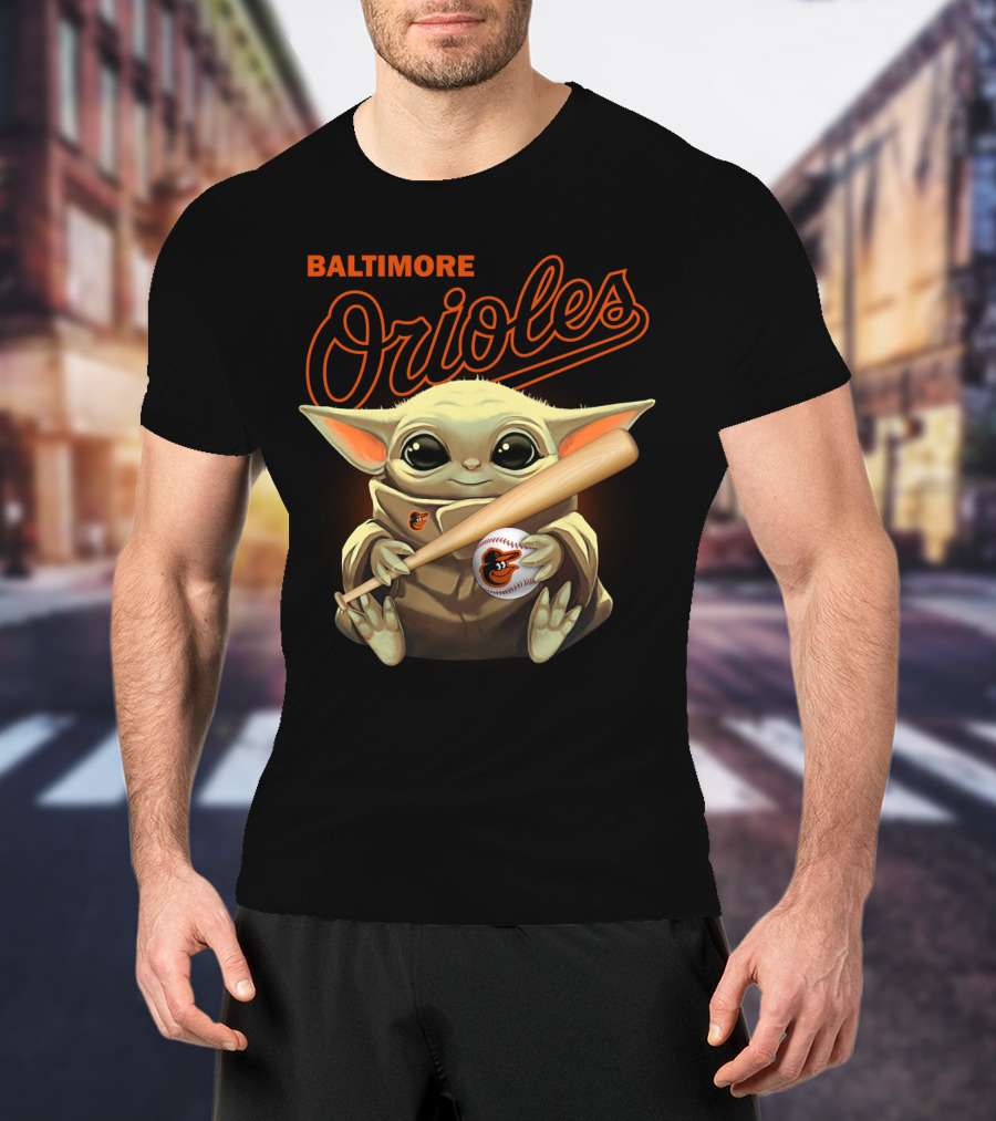Baltimore Orioles Baby Yoda Holding Baseball And Bat T-Shirt