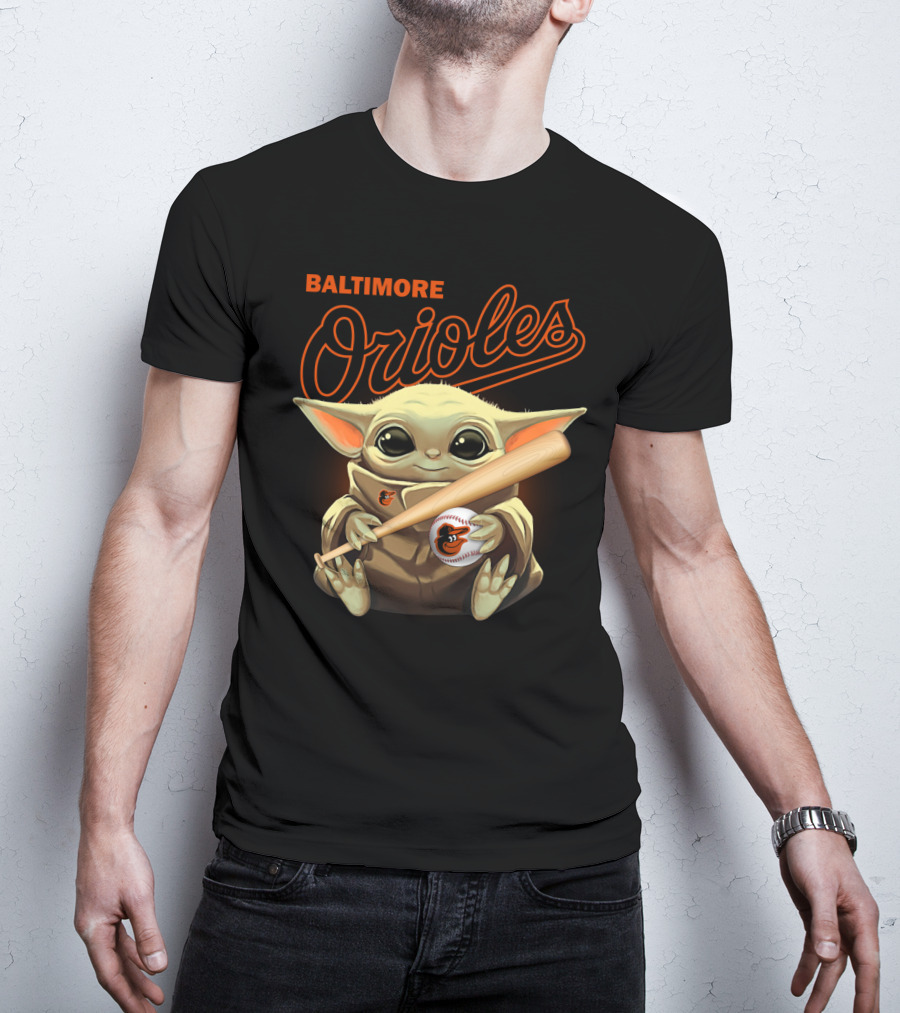 Baltimore Orioles Baby Yoda Holding Baseball And Bat T-Shirt