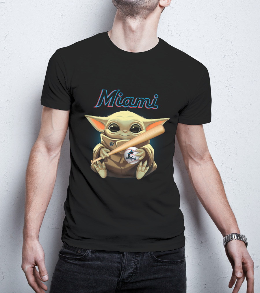 Miami Marlins Baby Yoda Baseball Bat And Ball T-Shirt