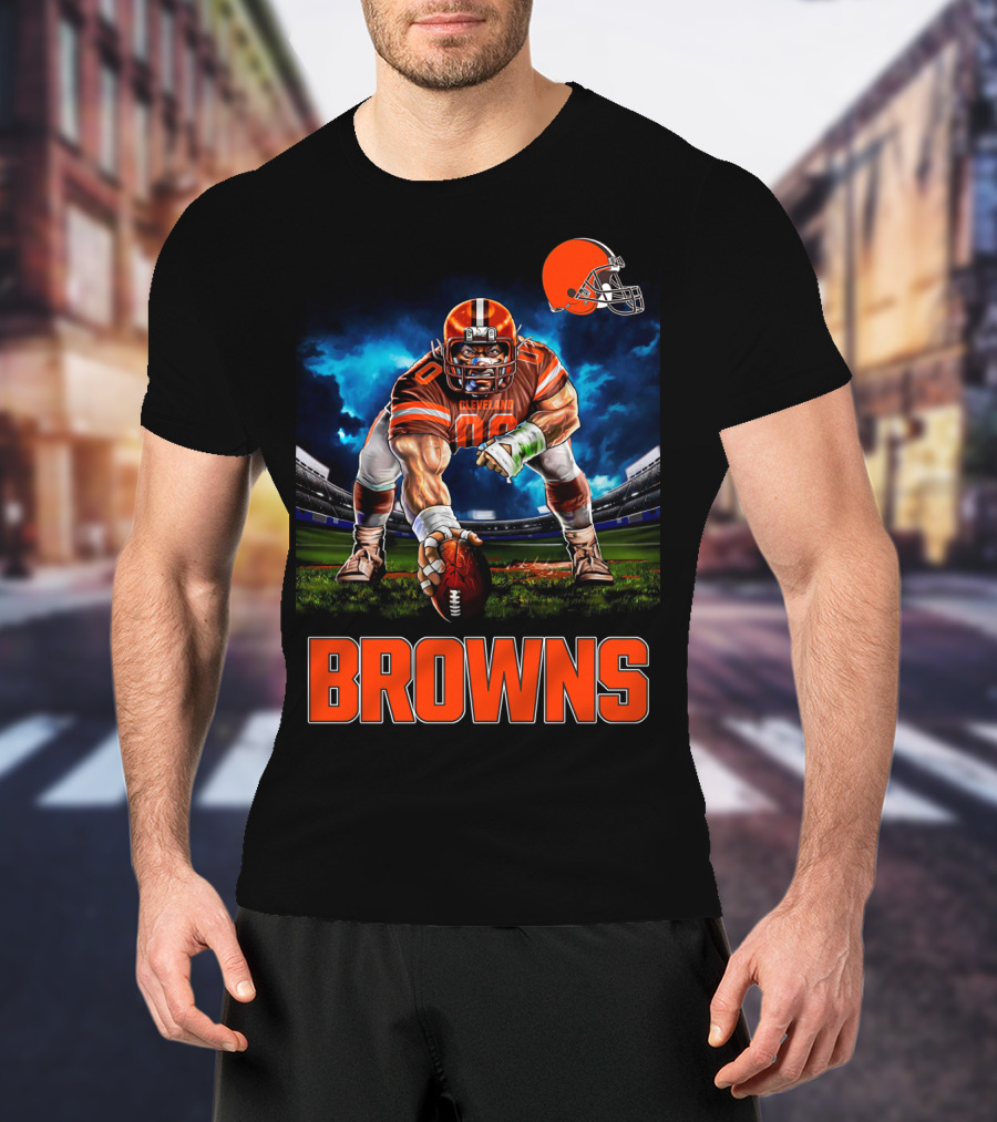 Cleveland Browns Nfl 3 Point Stance Football Player Stadium Scene T-Shirt