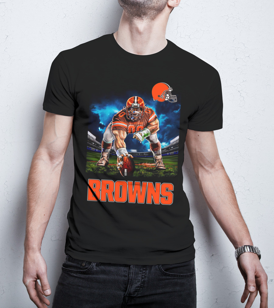 Cleveland Browns Nfl 3 Point Stance Football Player Stadium Scene T-Shirt