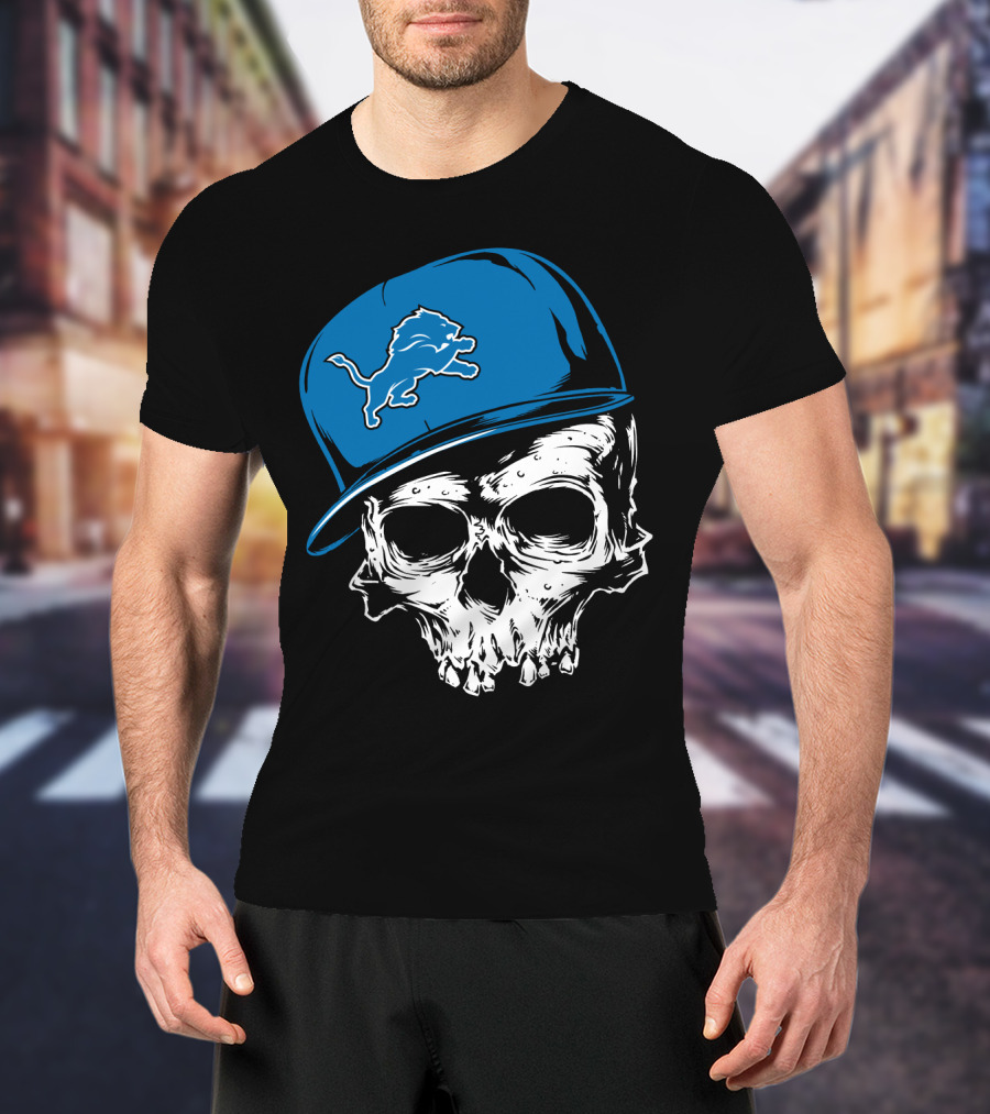 Detroit Lions Skull With Blue Cap Featuring Iconic Team T-Shirt
