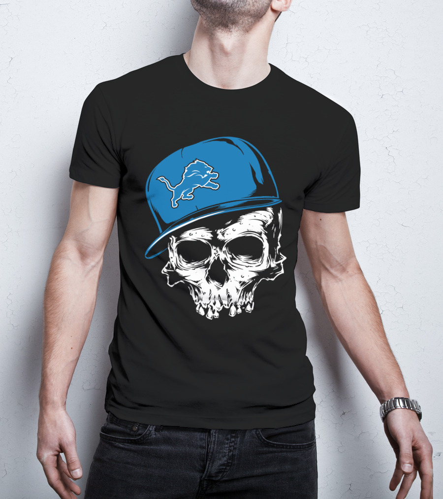 Detroit Lions Skull With Blue Cap Featuring Iconic Team T-Shirt