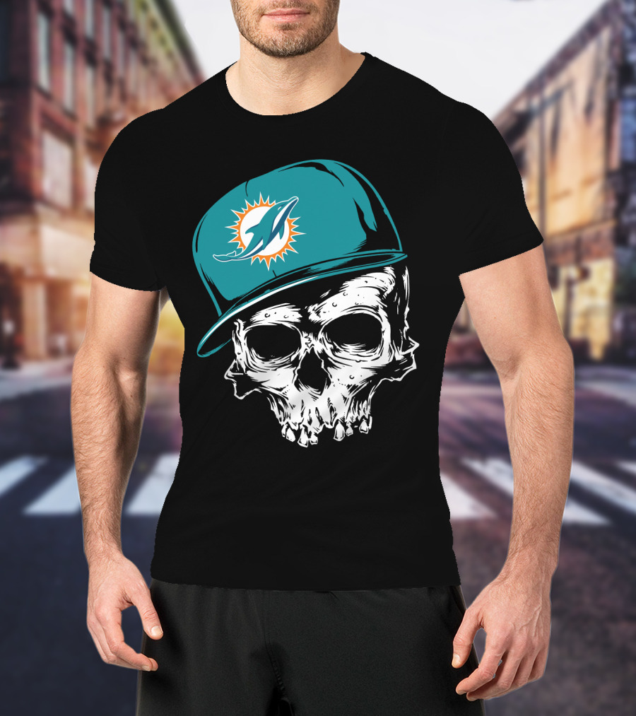 Miami Dolphins Skull With Teal Hat T-Shirt