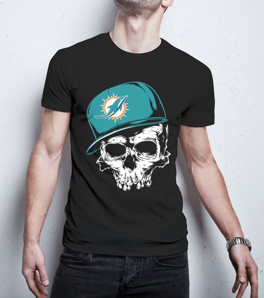 Miami Dolphins Skull With Teal Hat T-Shirt