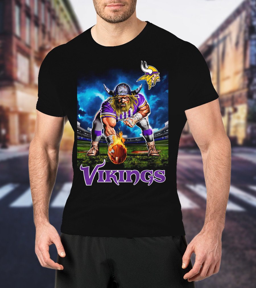 Minnesota Vikings 3 Point Stance Nfl Viking Warrior With Helmet And Football In Stadium Nfl T-Shirt