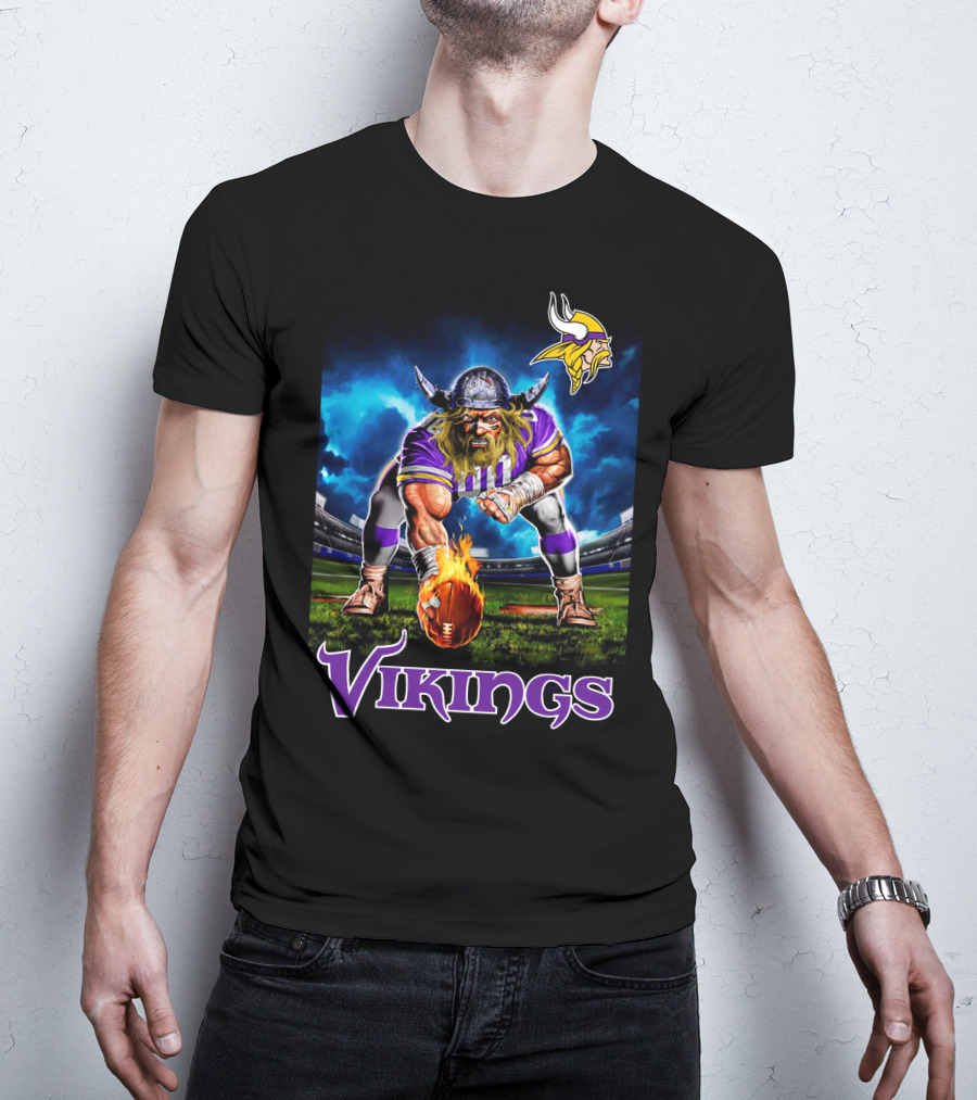 Minnesota Vikings 3 Point Stance Nfl Viking Warrior With Helmet And Football In Stadium Nfl T-Shirt