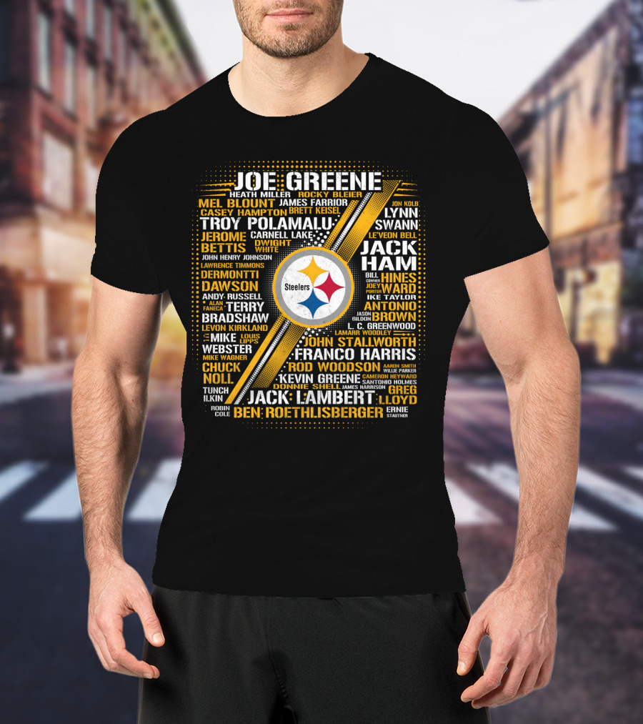 Joe Greene Troy Polamalu Jerome Bettis Steelers Iconic Names Collage T-Shirt