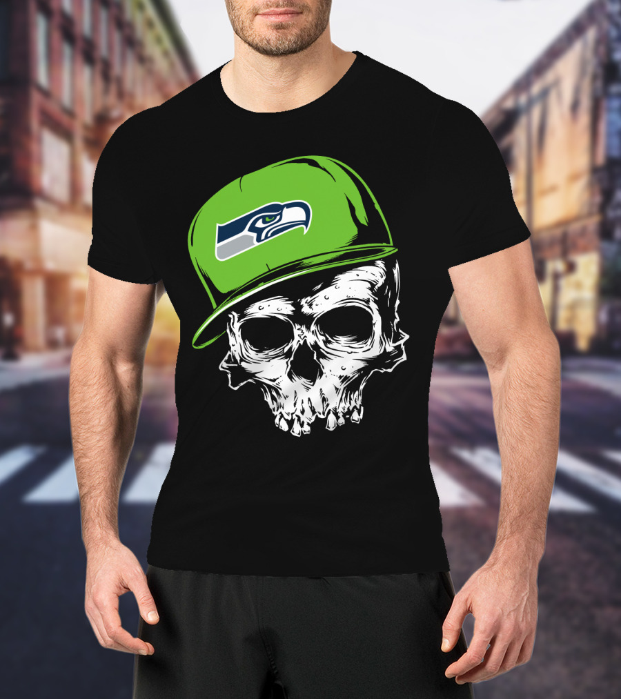 Seattle Seahawks Skull With Green Hat T-Shirt