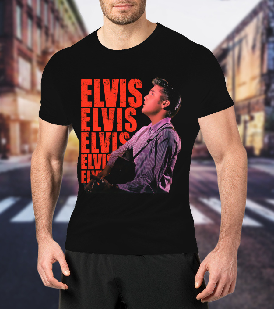 Elvis Vintage Style Portrait With Guitar T-Shirt