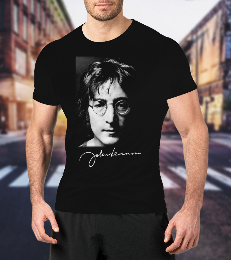 John Lennon Black And White Portrait With Signature T-Shirt