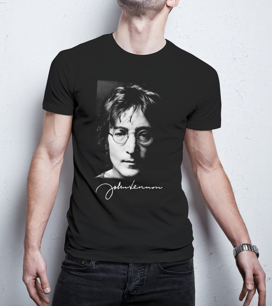 John Lennon Black And White Portrait With Signature T-Shirt