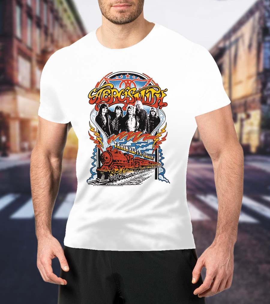 Aerosmith Train Kept A Rollin' Retro Band Graphic With Train And Stars T-Shirt