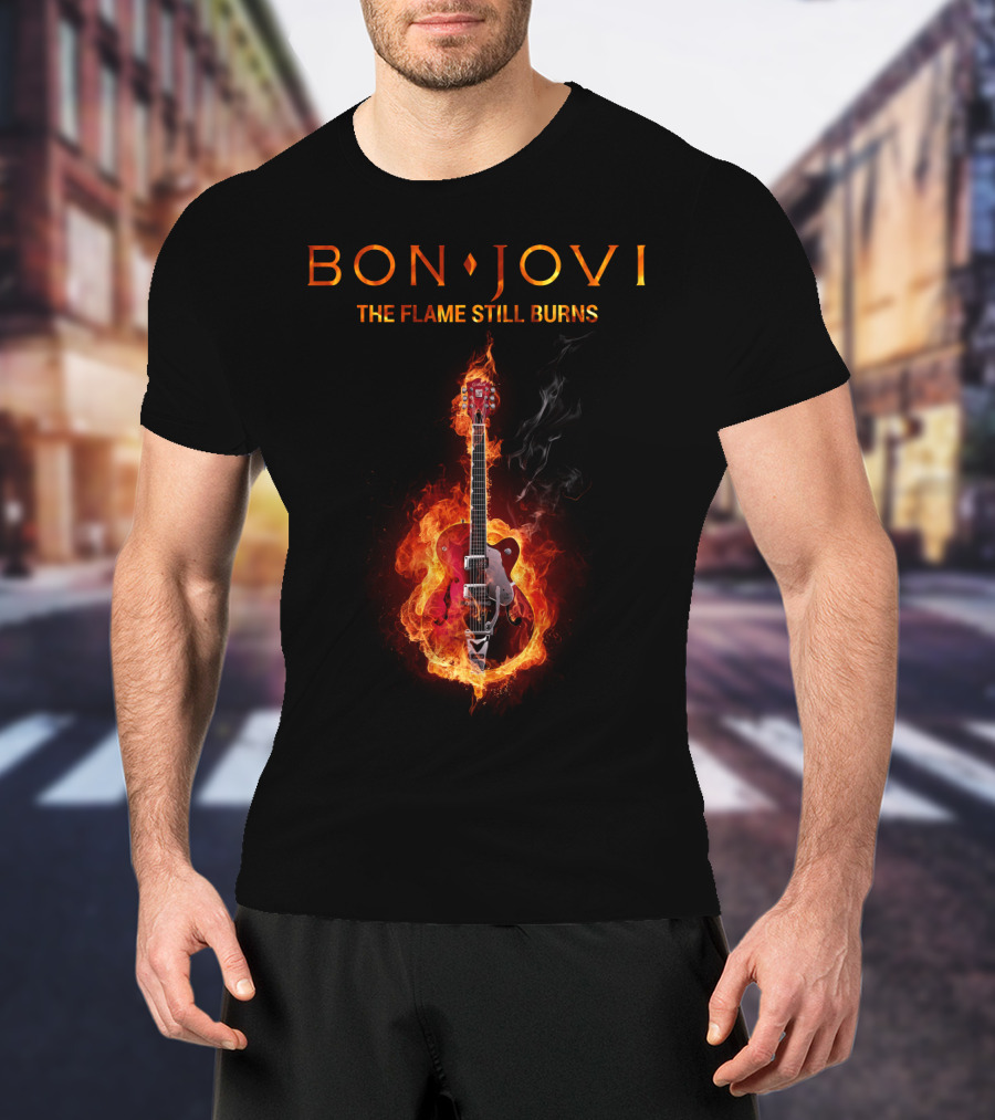 BON JOVI THE FLAME STILL BURNS Guitar On Fire T-Shirt