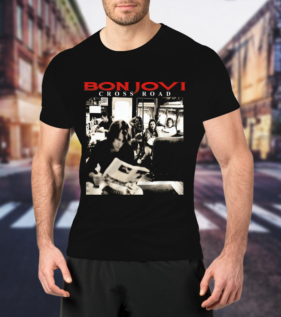 Bon Jovi Cross Road Album Cover Black And White Café Scene T-Shirt