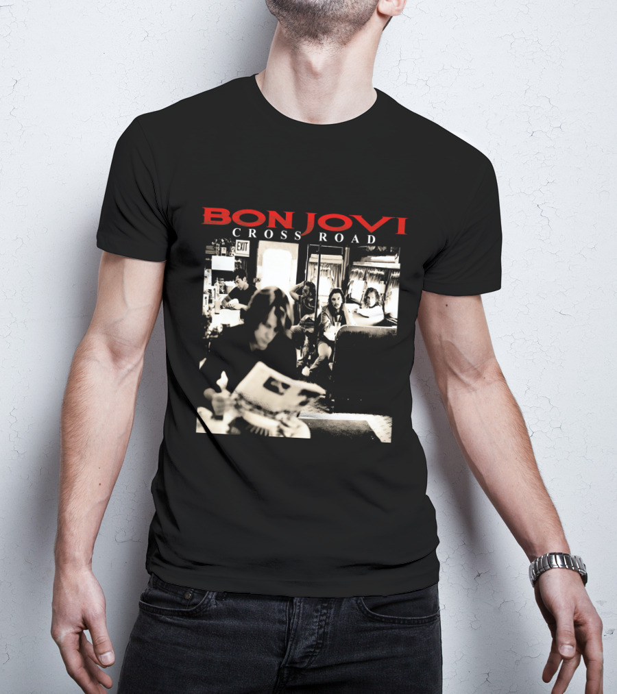 Bon Jovi Cross Road Album Cover Black And White Café Scene T-Shirt