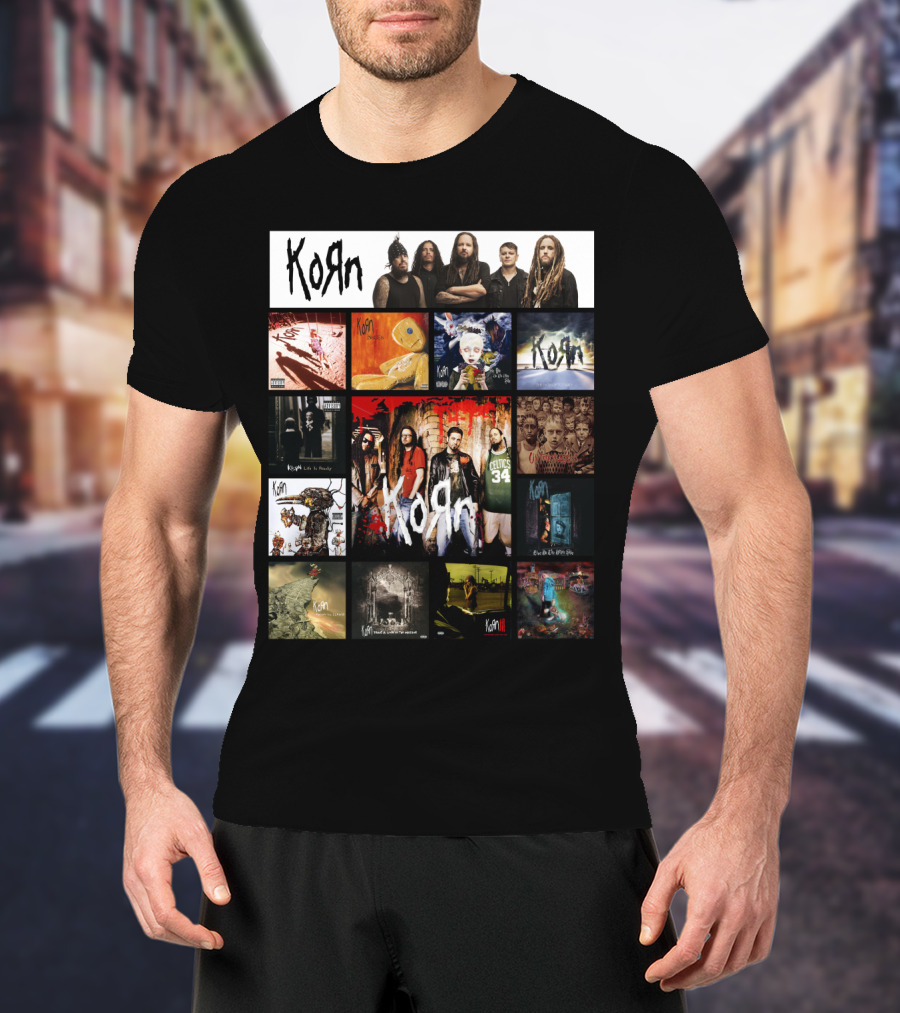 Korn Greatest Hits Collection Featuring Classic Album Covers And Band Members T-Shirt